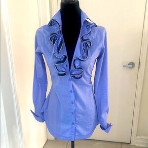 Les Chineuses Paris Women's Blue Ruffled Button-Up Blouse Size XX-Small